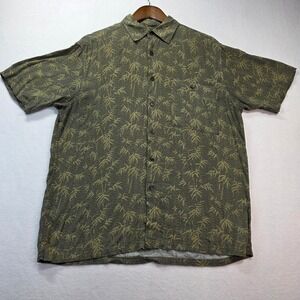 John Ashford Men's M Rayon Green Bamboo Print Button Front Shirt Short Sleeve